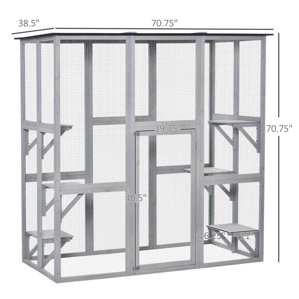 PawHut 71 in. L Large Grey Wooden Outdoor Cat House Catio Enclosure, Kitten Cage w/Weather Protection, Cat Patio w/ 6 Platforms D32-004GY