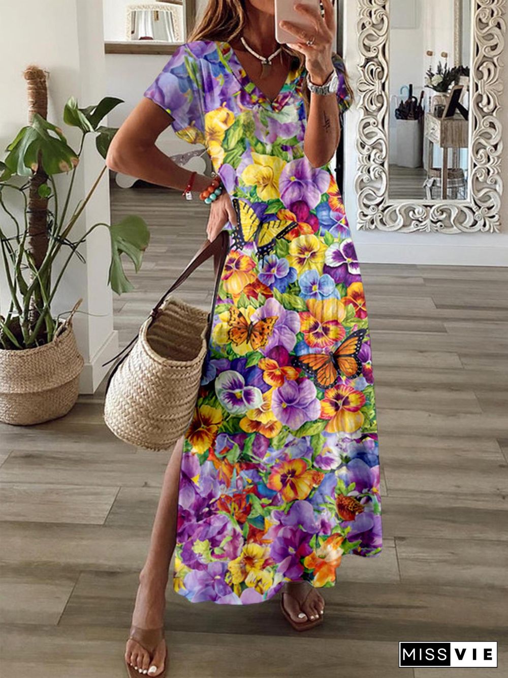 Butterfly Morning Glory Print V Neck Maxi Dress