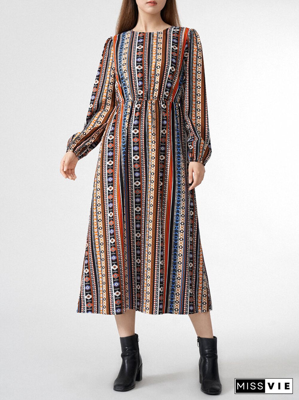 Tribal Pattern Long Sleeve Crew Neck Dress For Women