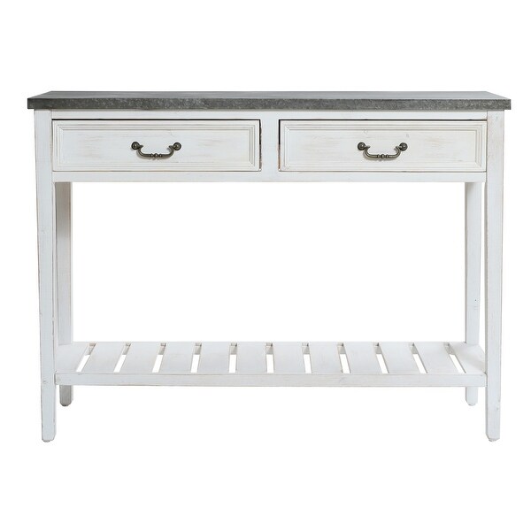 Farmhouse Distressed White Wood and Galvanize Top Console Table - 31.5