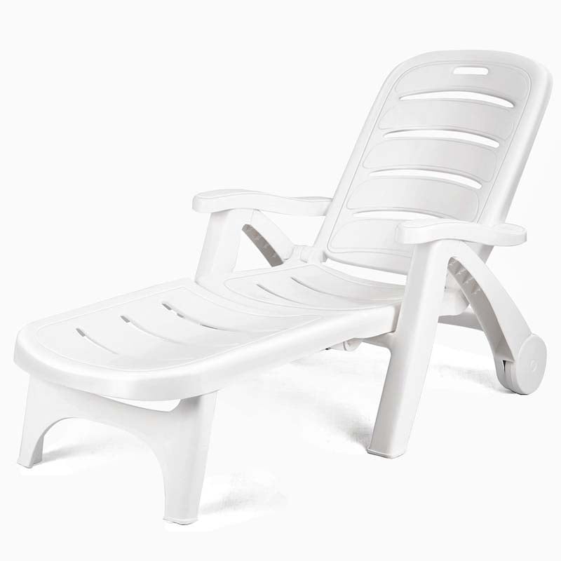 Rolling Folding Plastic Pool Lounge Chair with Armrests, 5-Position Outdoor Sun Lounger Patio Deck Chair Beach Chair