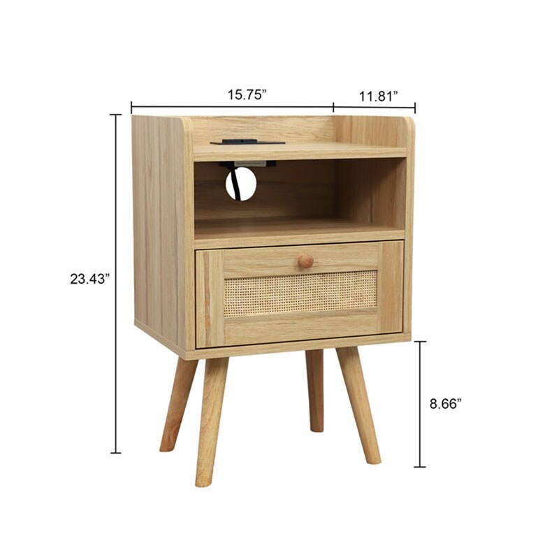 Natural Rattan Drawer Nightstand with Charging Station  Wood Bedside Cabinet End Table Accent Side Table for Bedroom