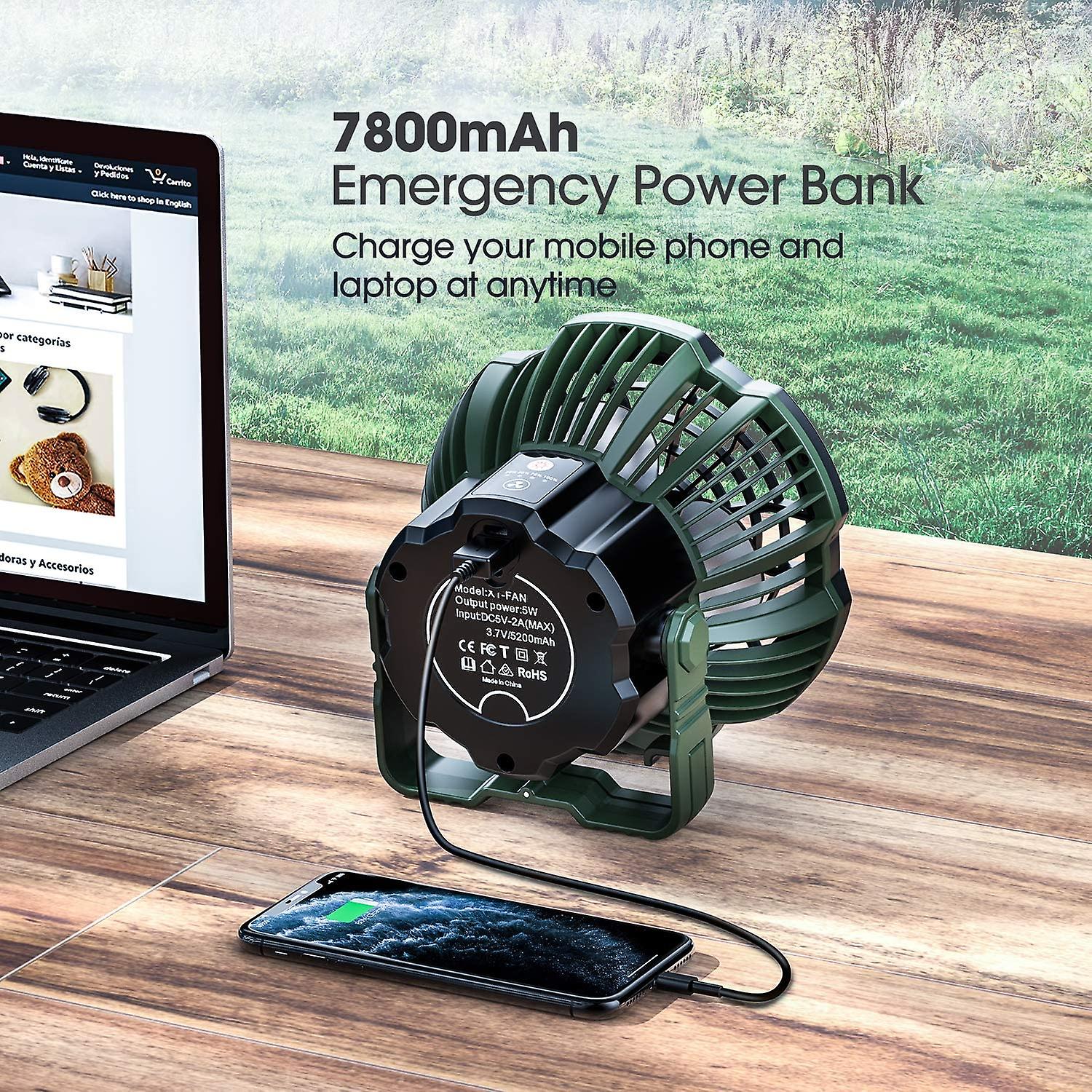 Camping Fan With Led Lantern， 7800 Mah Rechargeable Portable Tent Fan With Remote Control， Power Bank， 180 Head Rotation， Silent Battery Operated Usb