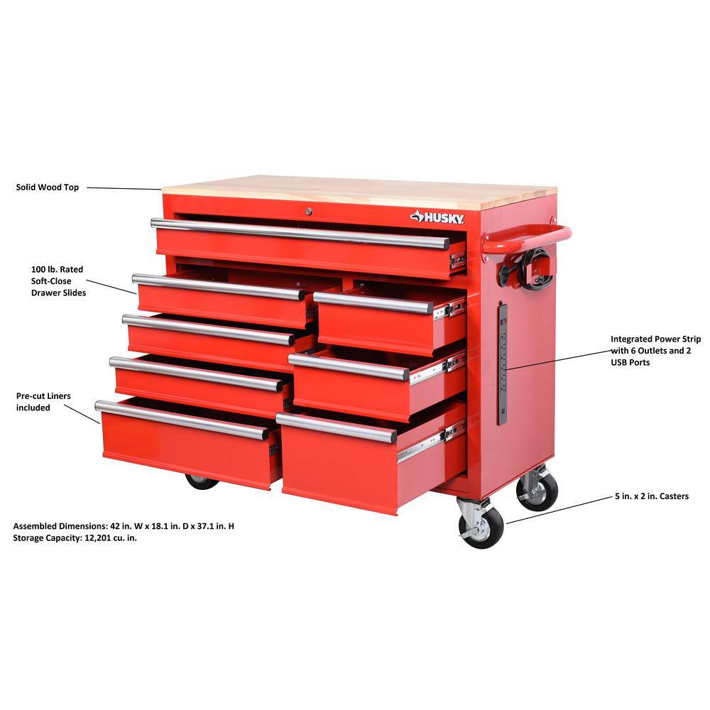 Husky 42 in. W x 18.1 in. D 8-Drawer Red Mobile Workbench Cabinet with Solid Wood Top