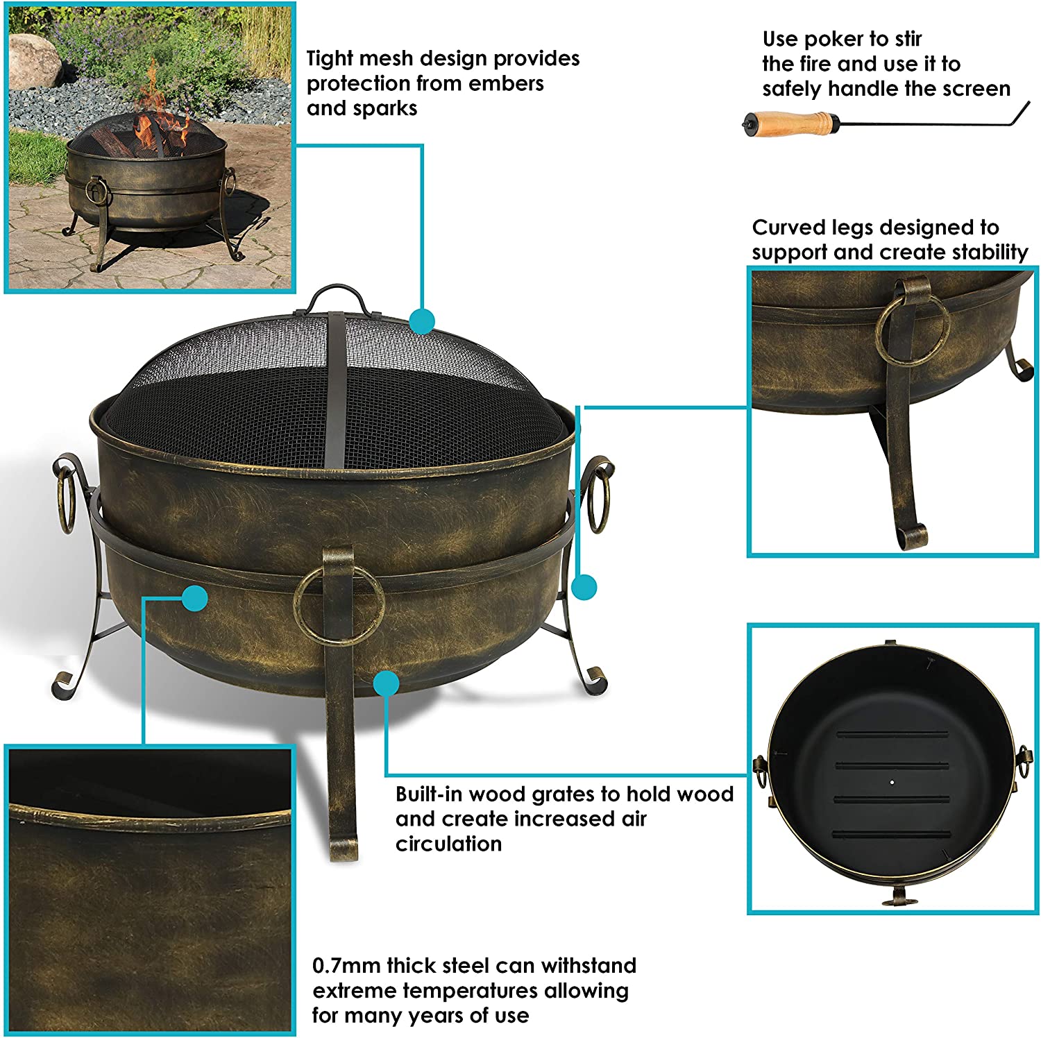 Sunnydaze Outdoor Cauldron Fire Pit - 24-Inch Backyard and Patio Wood-Burning Fire Pit for Outside with Round Spark Screen， Fireplace Poker， and Metal Grate