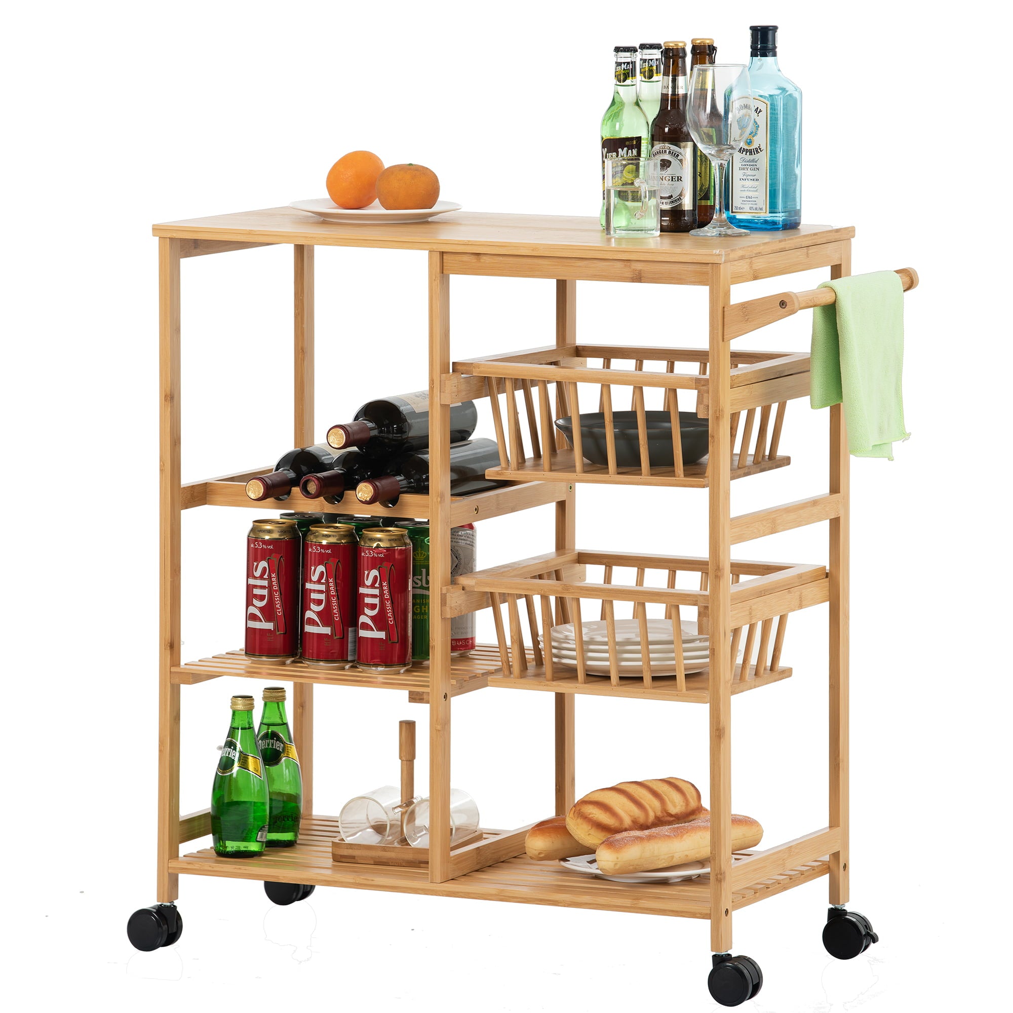 Bamboo Dining Cart, Kitchen Island Cart with Wood Tabletop