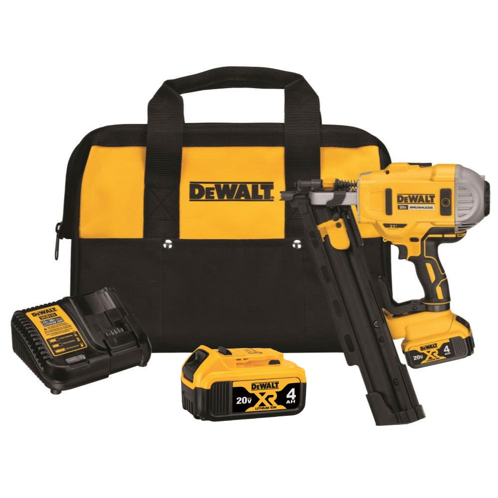 20V MAX* 21 Degree Plastic Collated Cordless Framing Nailer with Two 4Ah Lithium Ion Batteries， Charger， and Kit Bag ;