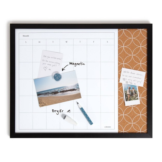 U Brands 16 x27 x27 x20 x27 x27 Flat Front Wood Frame Dry Erase Calendar Combination Board White