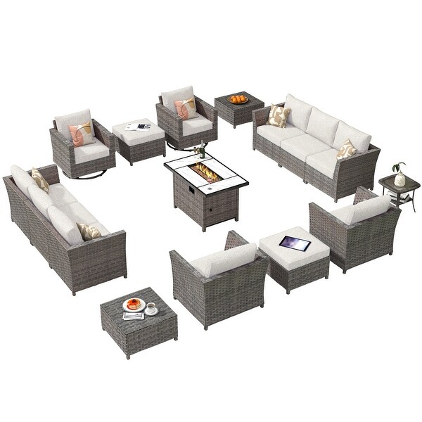 HOOOWOOO 16piece Outdoor Patio Grey Wicker Rattan Furniture Sectional Set with Fire Pit Table