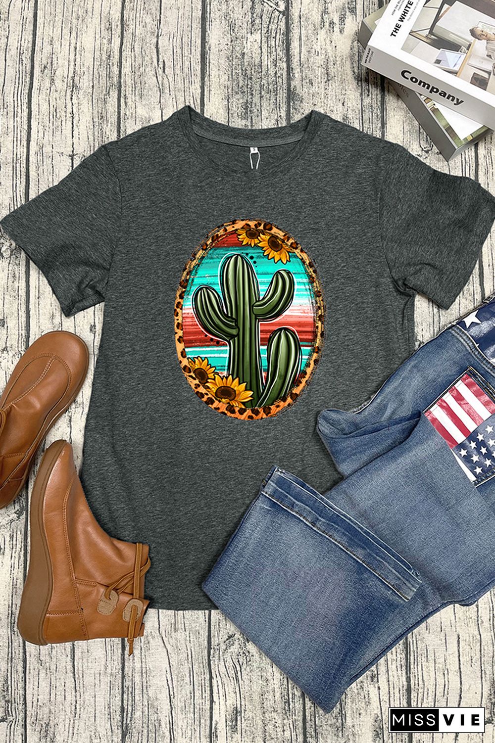 Serape And Sunflower Cactus Sleeve Graphic Tee Wholesale