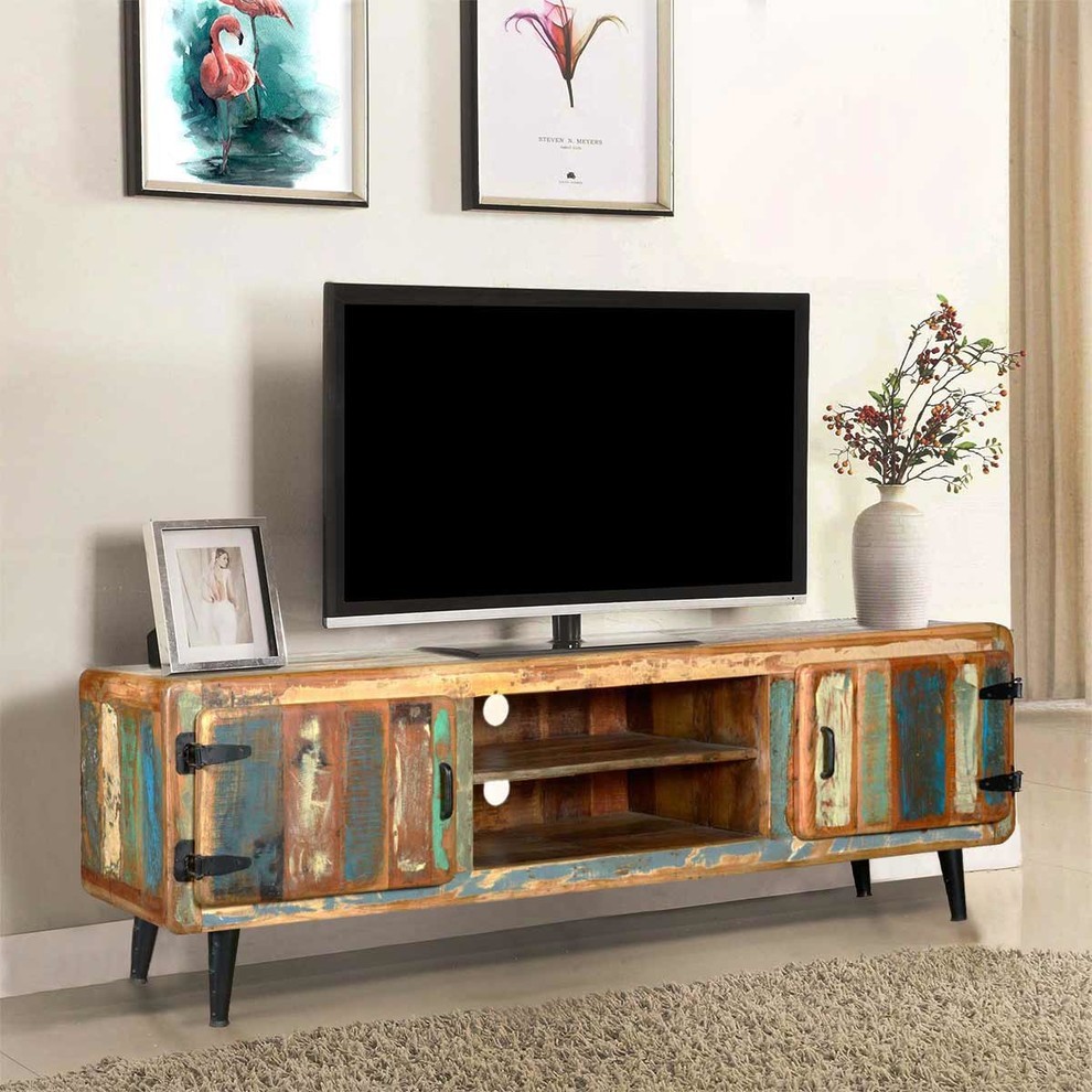 Medway Retro Reclaimed Wood Large TV Media Console w Center Shelves   Farmhouse   Entertainment Centers And Tv Stands   by Sierra Living Concepts Inc  Houzz