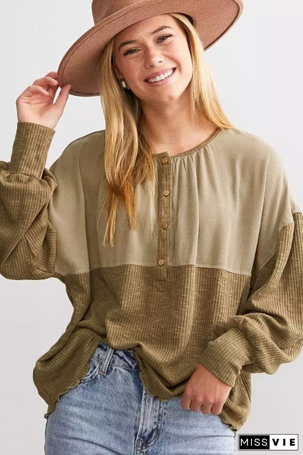 Khaki Ribbed Patchwork Drop Shoulder Buttoned Neckline Blouse