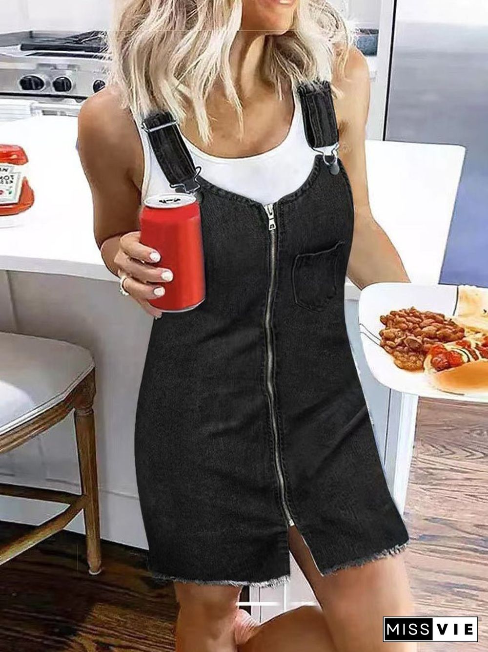 Women'S Dresses Zip Pocket Suspenders Strap Denim Dress