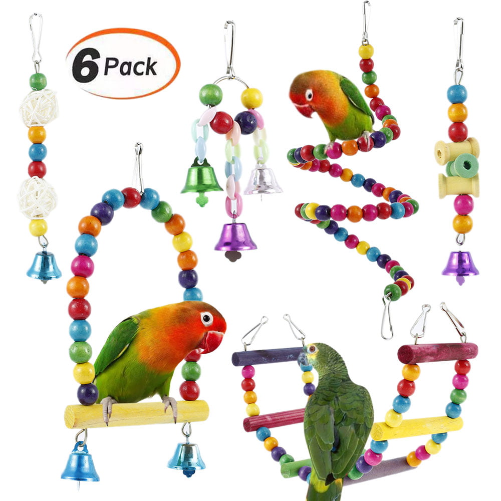 Willstar 6Pcs Bird Parrot Toys， Hanging Bell Pet Bird Cage Hammock Swing Toy Wooden Perch Chewing Toy for Parrots， Birds， Finches