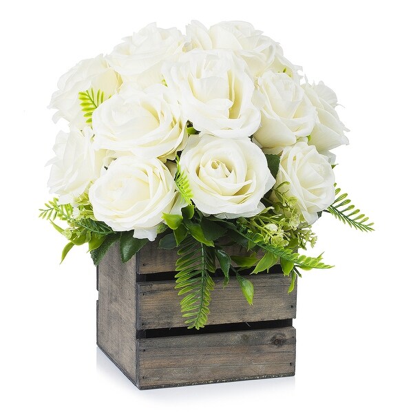 Enova Home 18 Heads Mixed Artificial Silk Roses Fake Flowers Arrangement with Wood Planter for Home Office Wedding Decoration