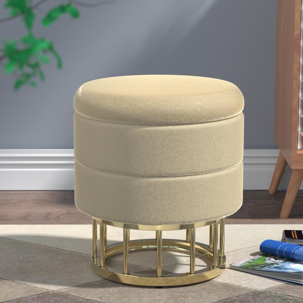 Sturdy Round Coffee Table with Storage Tufted Cocktail Ottoman with Shelf Upholstered Farmhouse Footrest for Living Room