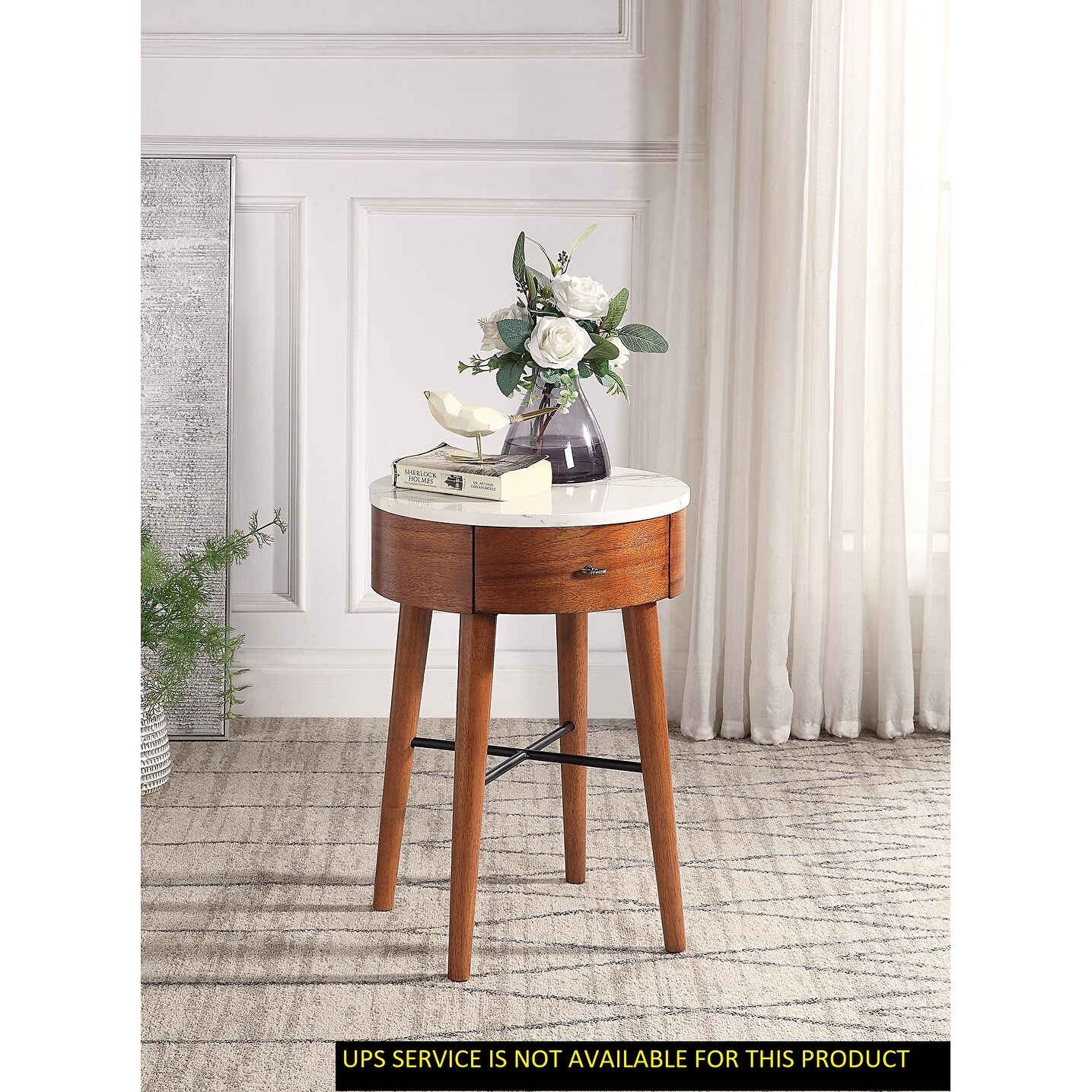 Walnut Finish with Faux Marble and Drawer Shelf Living Room Furniture Round Side Table for Den， Bedroom， or Living Room