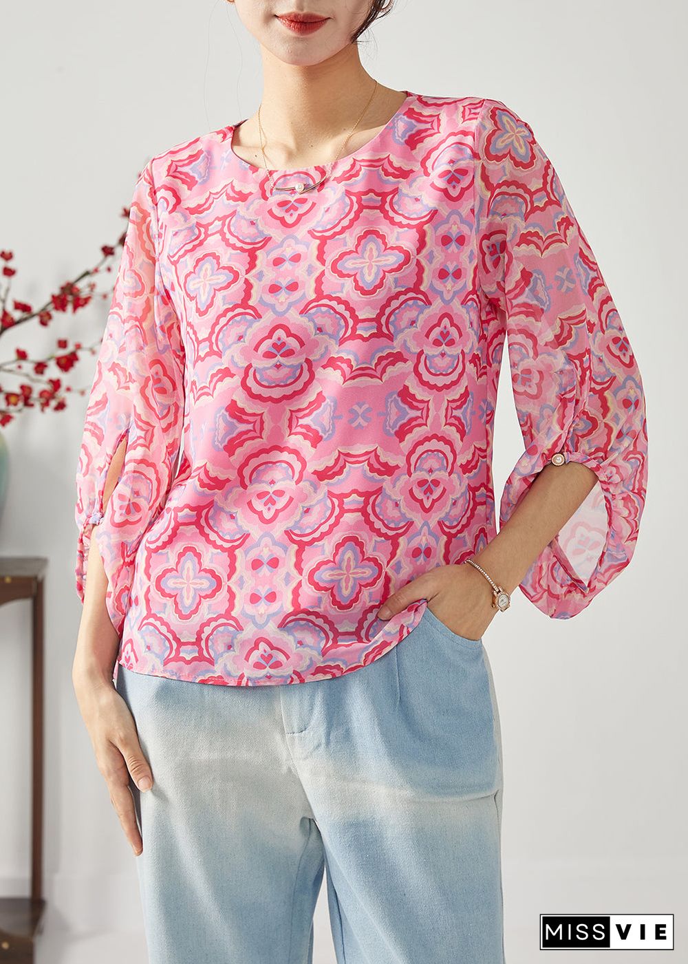 Fashion Rose Oversized Print Chiffon Shirt Top Bracelet Sleeve