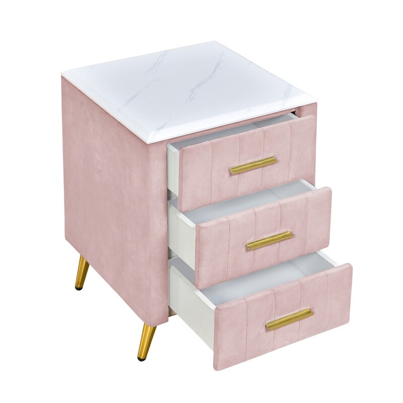 Wooden Upholstered Nightstand with 3 Drawers and Metal Legs Bedside Table