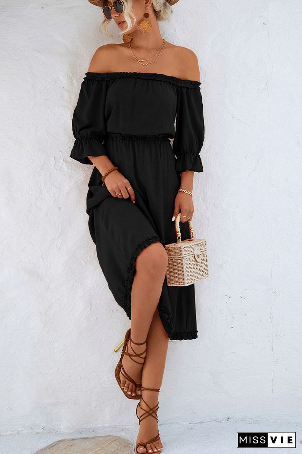 Off Shoulder Ruffles High Waist Midi Dress