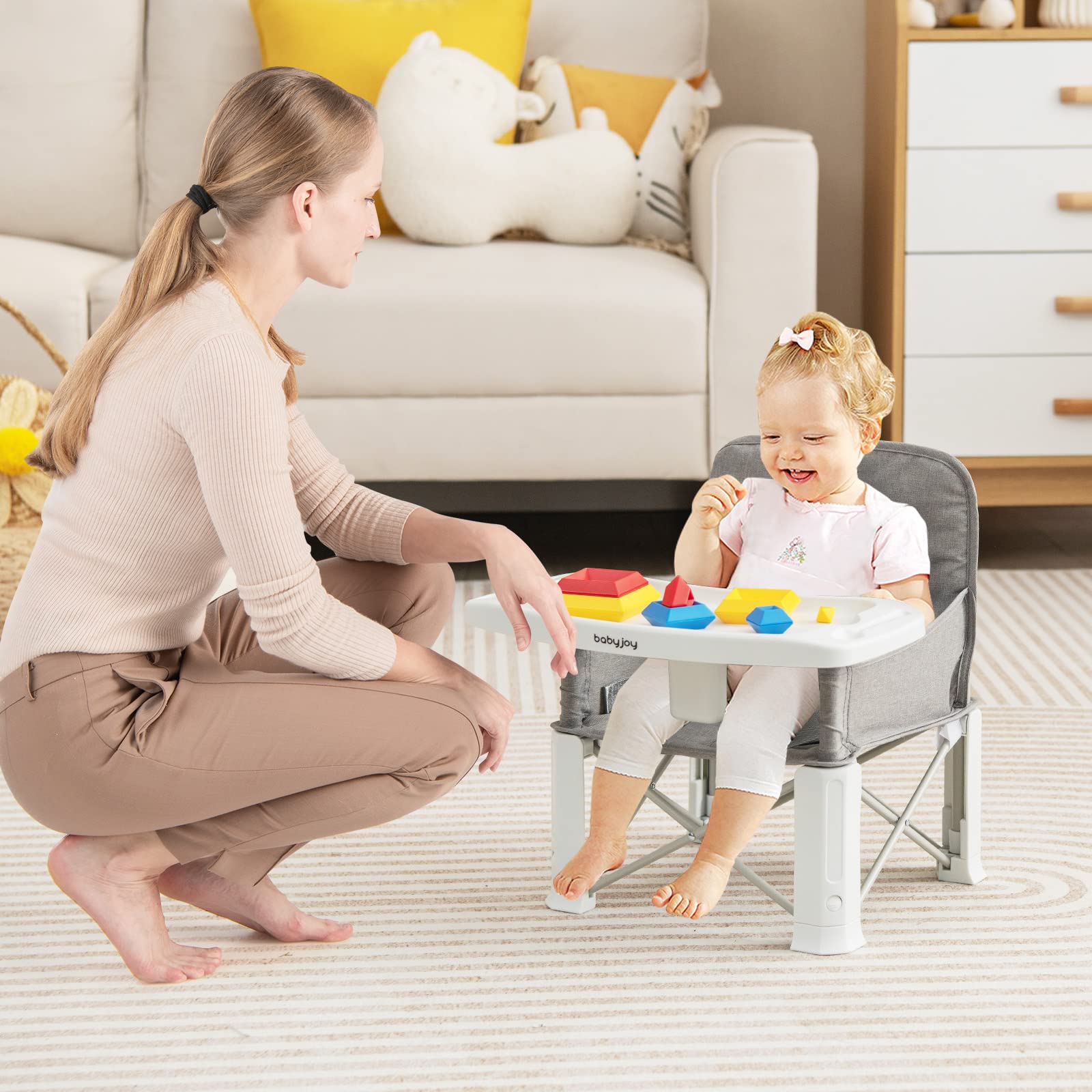 BABY JOY Travel Booster Seat with Double Tray, Folding Portable High Chair Booster Seat for Dining Table