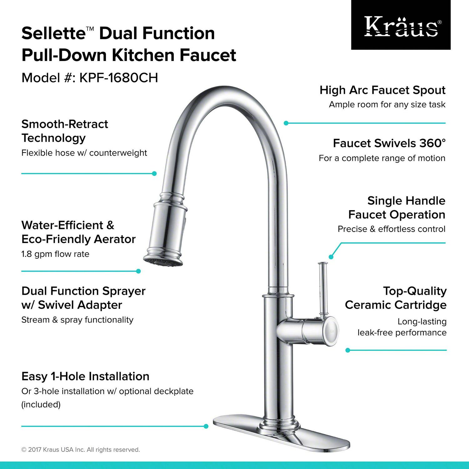 KRAUS Sellettea c Single Handle Pull Down Kitchen Faucet with Dual Function Sprayhead in Chrome Finish