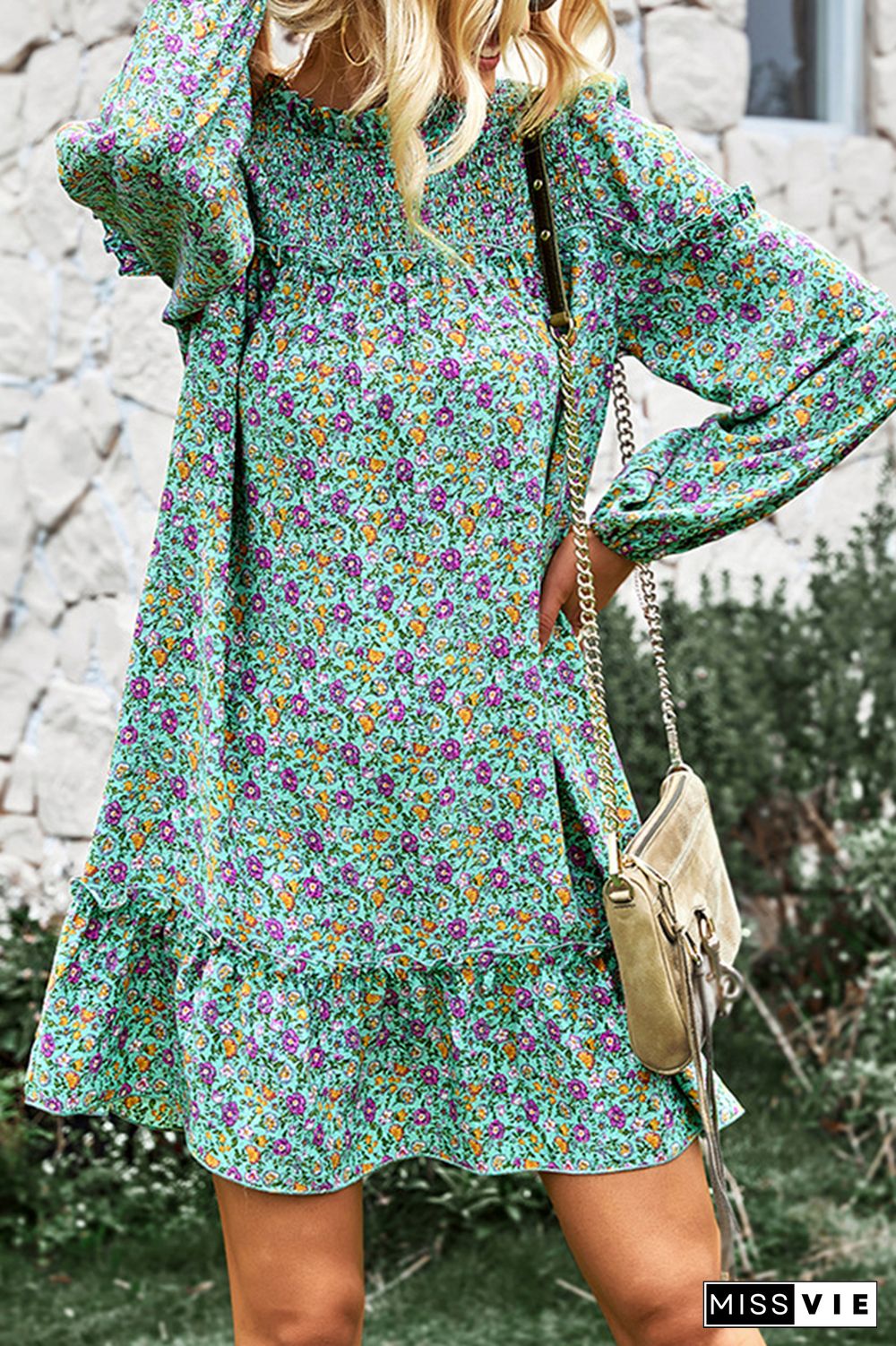 Flower Puff Long Sleeve Smock Dress