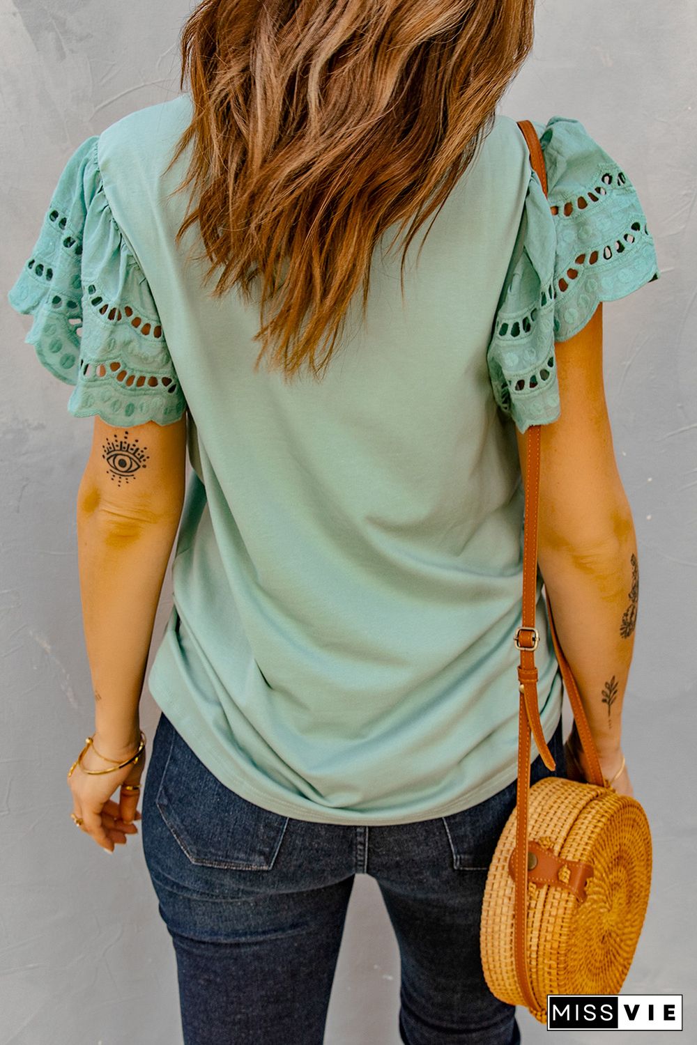 Green Hollow Out Ruffle Sleeve T-shirt