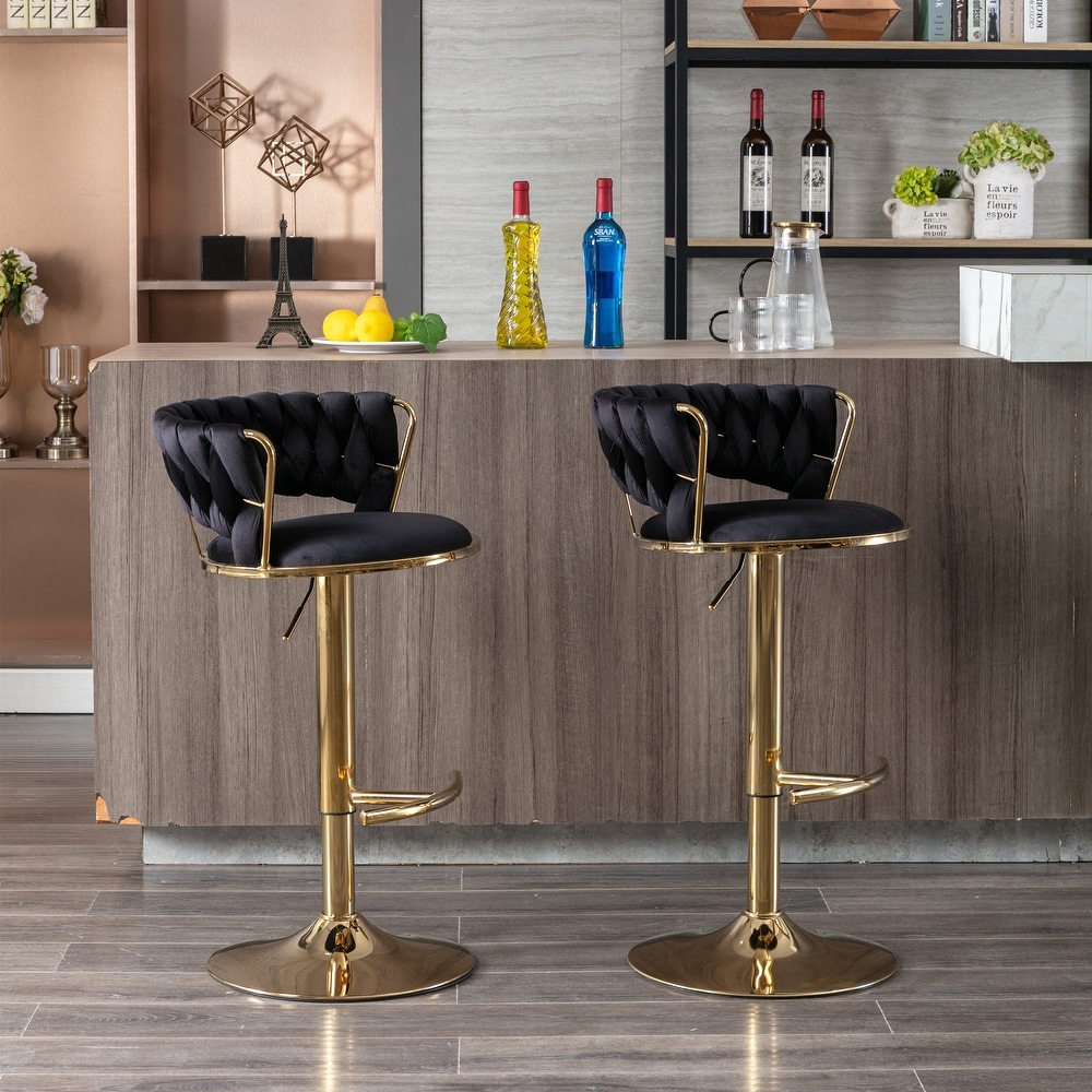 Modern Retro Height Adjustable Counter Chair Swivel Bar Stools Set of 2 with Velvet Woven Backrest Handrail and Footrest