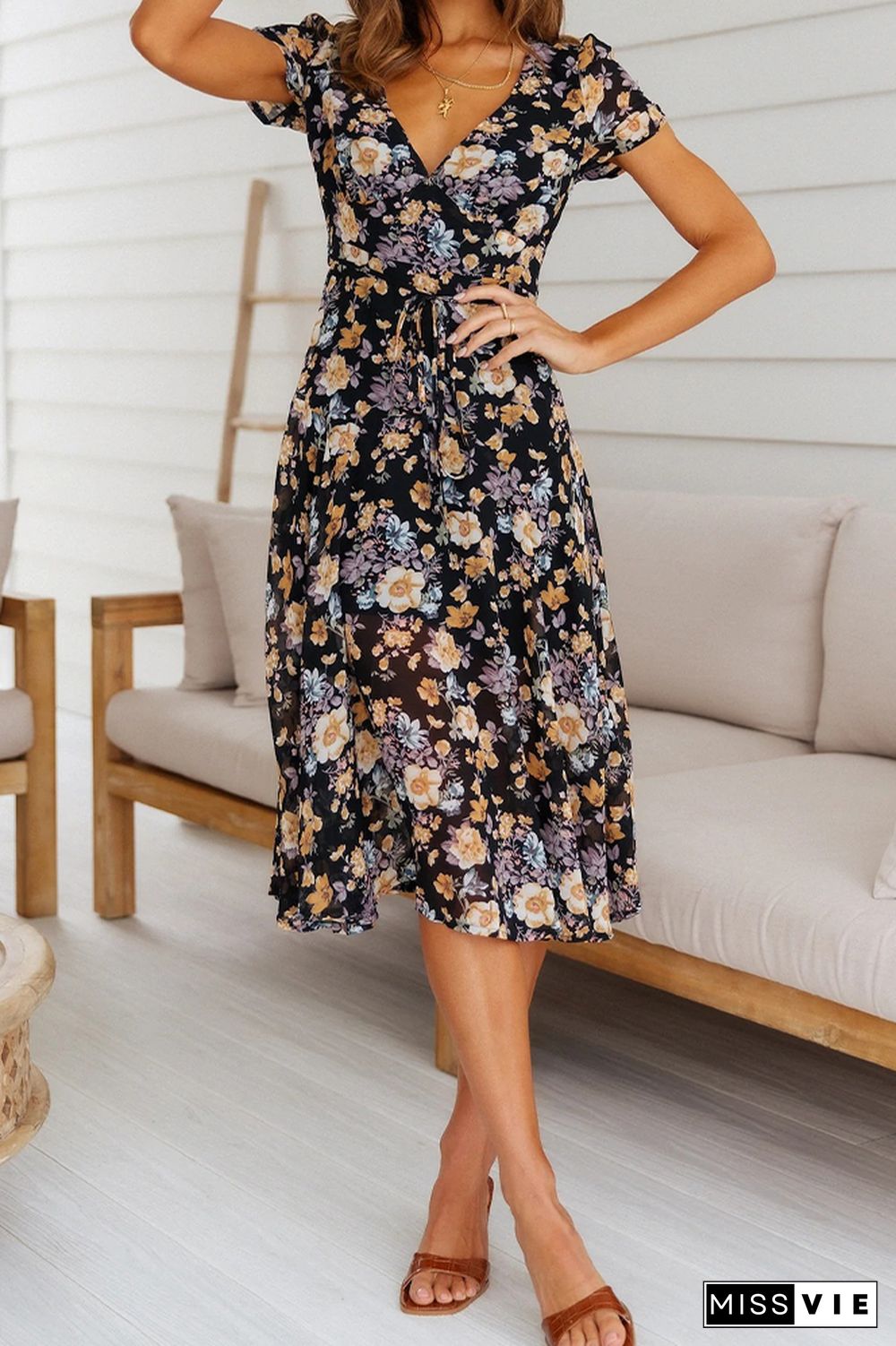 V Neck Short Sleeve Waist Tie Floral Dress