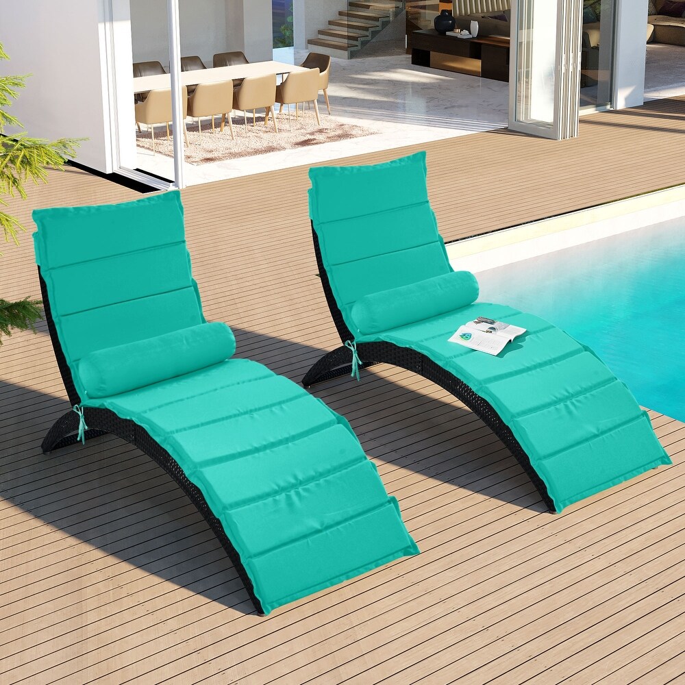 Black Wicker Sun Lounger  PE Rattan Foldable Chaise Lounger with Removable Turquoise Cushion and Bolster Pillow(2 Pack)