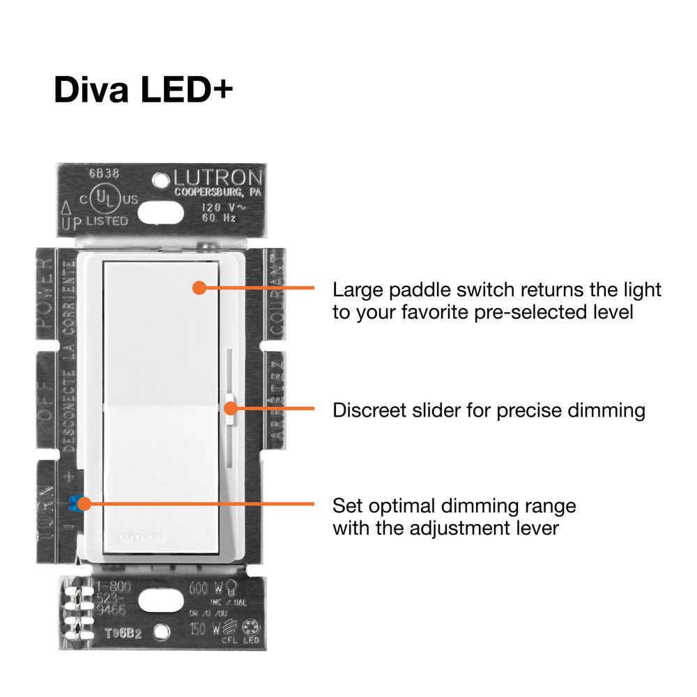 Lutron Diva LED+ Dimmer Switch for Dimmable LED and Incandescent Bulbs 150-WattSingle-Pole or 3-Way Almond (DVCL-153P-AL) DVCL-153P-AL