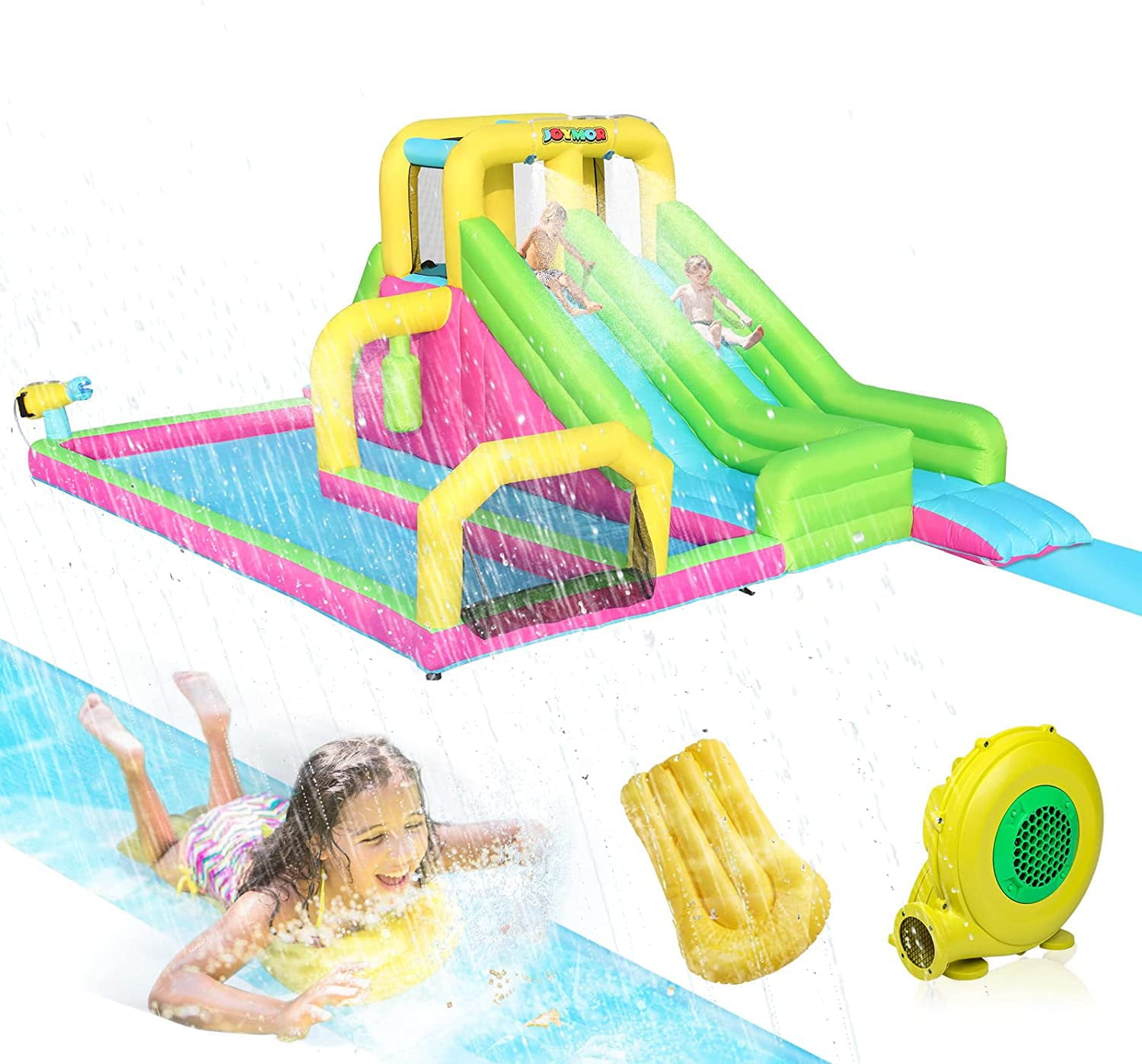 JOYMOR Inflatable Water Slide Park with 20FT Slip and Slides for Kids Backyard, Scoccer Net, Obstacle Course, Water Gun, Lawn Water Slide Summer Water Toy with Sprinkler w/Bodyboard & 750w Air Blower