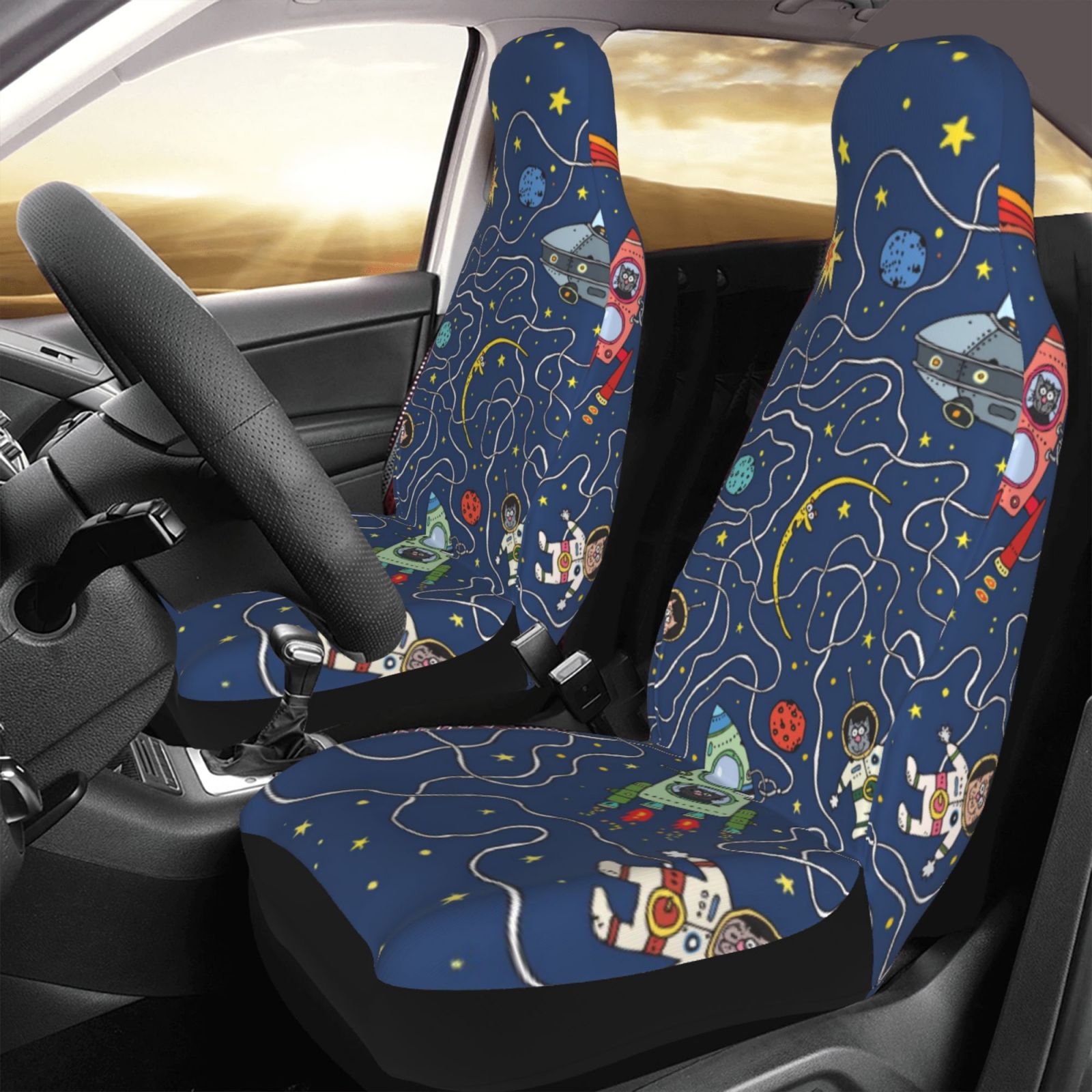 TEQUAN Front Seat Covers， Space Astronaut Cat Rocket Pattern 2 Piece Car Seat Cover Fit Most Car SUV Truck Van