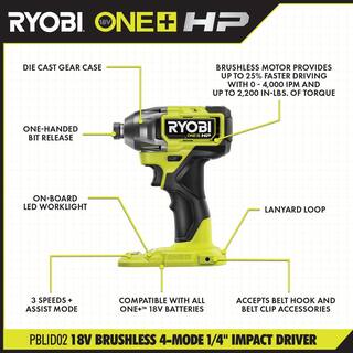 RYOBI ONE+ HP 18V Brushless Cordless 12 in. Hammer Drill and 14 in 4-Mode Impact Driver Kit w (2) Batteries Charger  Bag PBLCK02K