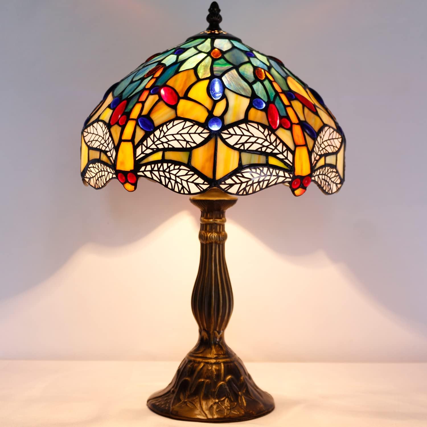 GEDUBIUBOO Tiffany Lamp Sea Blue Yellow Stained Glass Dragonfly Style Table Lamp Nautical Reading Desk Bedside Light 12X12X18 Inches Decor Bedroom Living Room  Office S128 Series