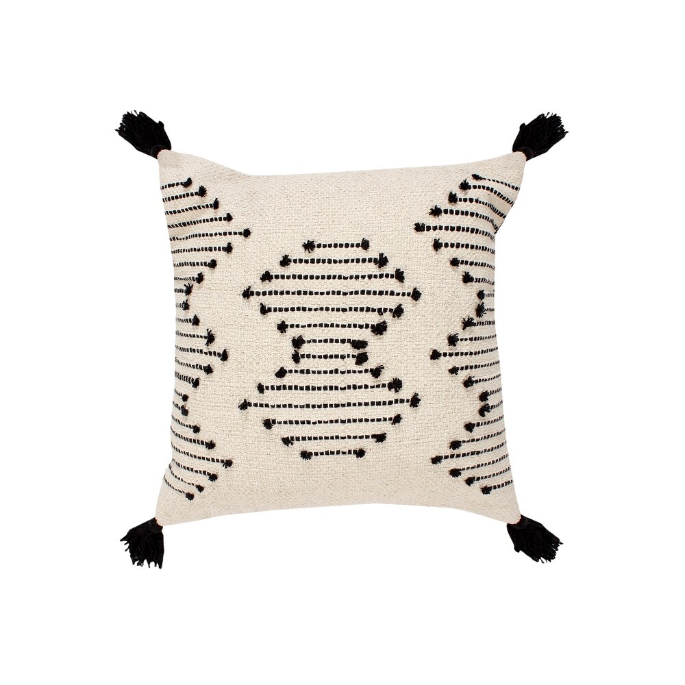 18 x 18 Square Cotton Accent Throw Pillow  Abstract Line Art  Bohemian Style Tassels  Set of 2  White  Black