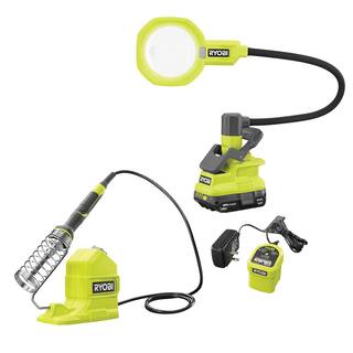 RYOBI ONE+ 18V Cordless 2-Tool Combo Kit with 120W Soldering Iron Magnifying LED Clamp Light 1.5 Ah Battery and Charger PCL946B-PCL664K1N