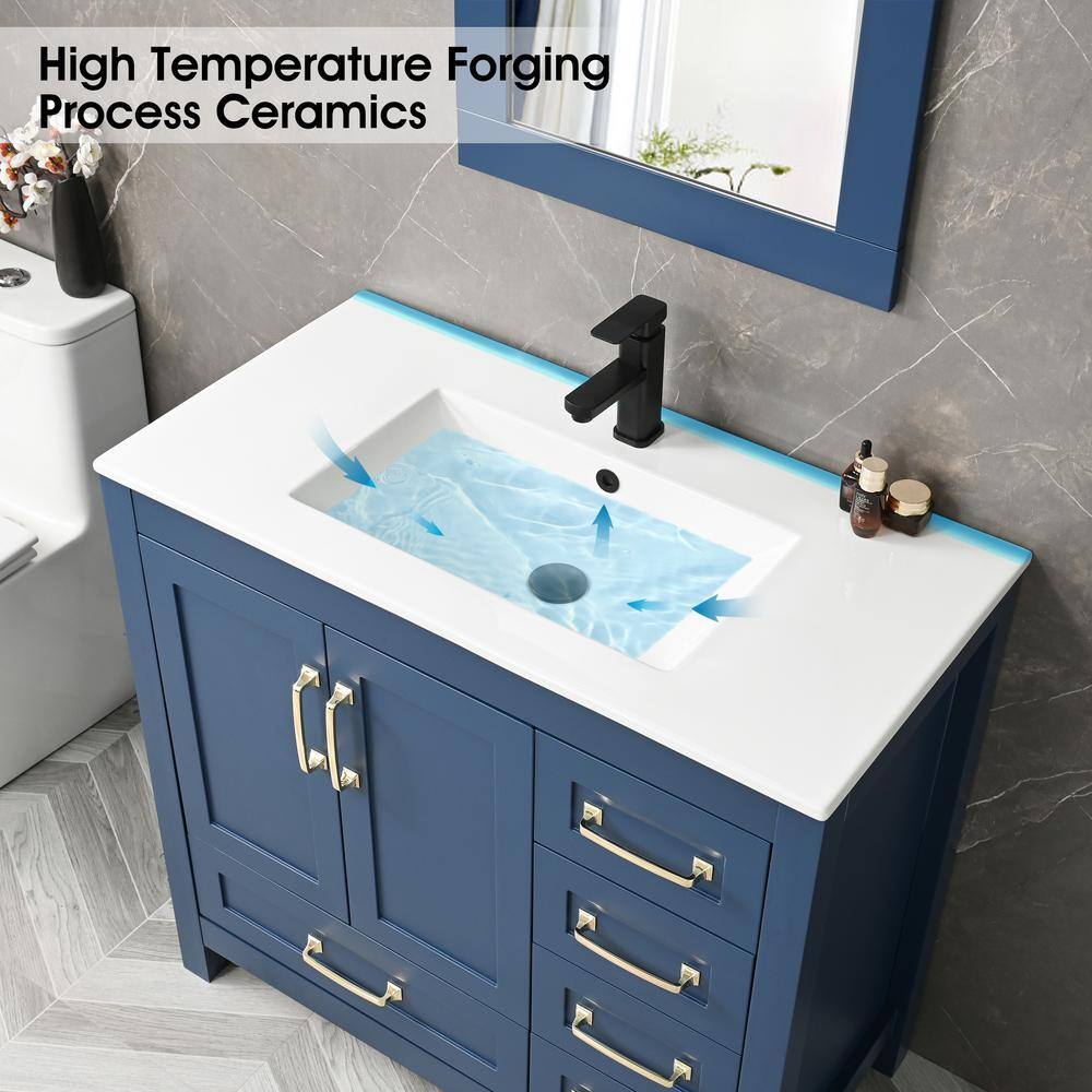 eclife 36 in.  W x 18.3 in.  D x 34 in  H Single Sink Bath Vanity in Blue with White Ceramic Top and Mirror Drain Faucet Set BV019BU+VS020