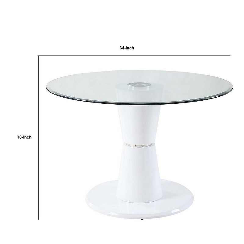 34 Inches Round Glass Top Coffee Table with Pedestal Base， White