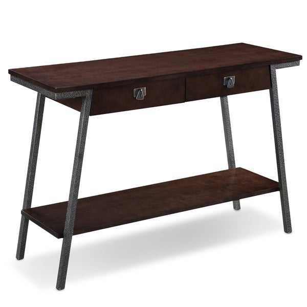 Contemporary Walnut Finish Brown Side Table with Bronzed Steel Legs Two Extendable Drawers and Lower Storage Shelf