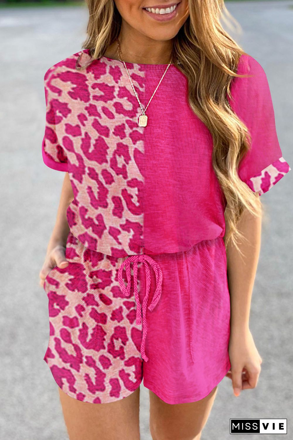 Pink Half Leopard Print Drawstring Knit Romper