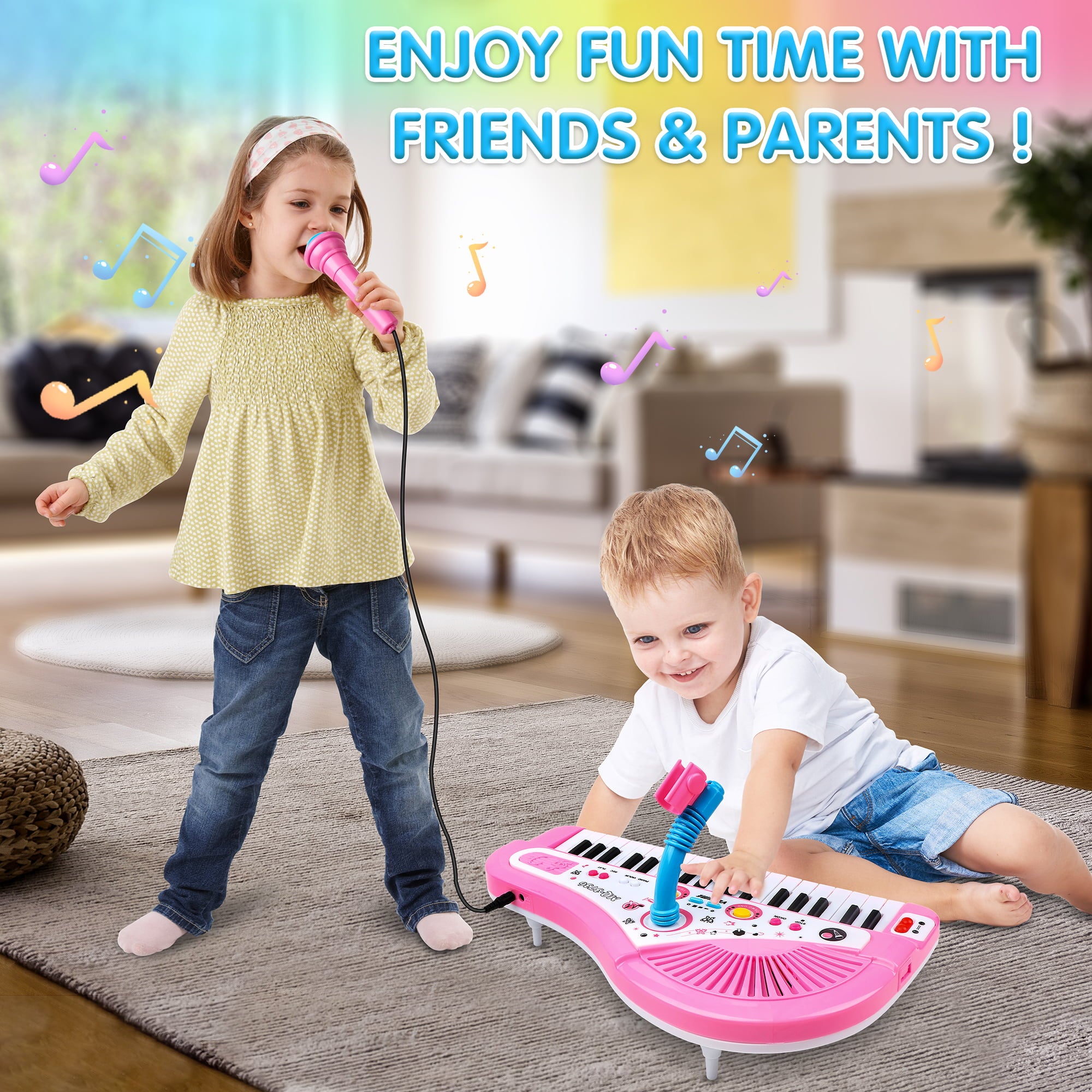 Huge Wave Baby Keyboard Toys for Kids， Pink Piano Musical Instrument with Microphone for Toddlers Girls Boys Aged 4 5 6+