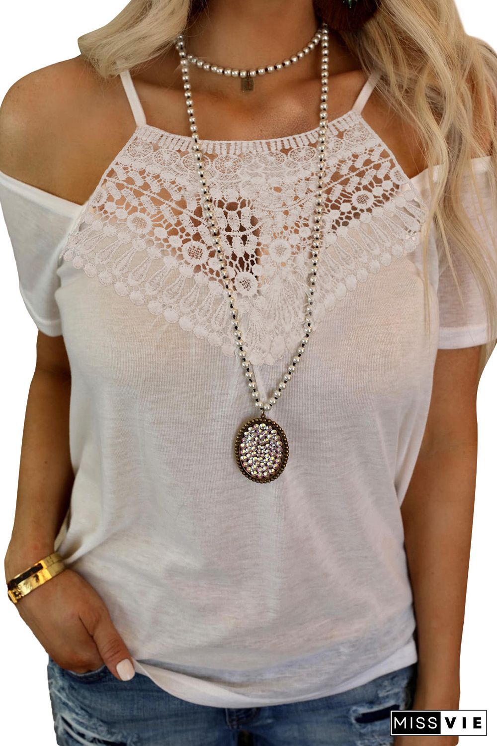 White Lace Contrast Cut-out Cold Shoulder Top