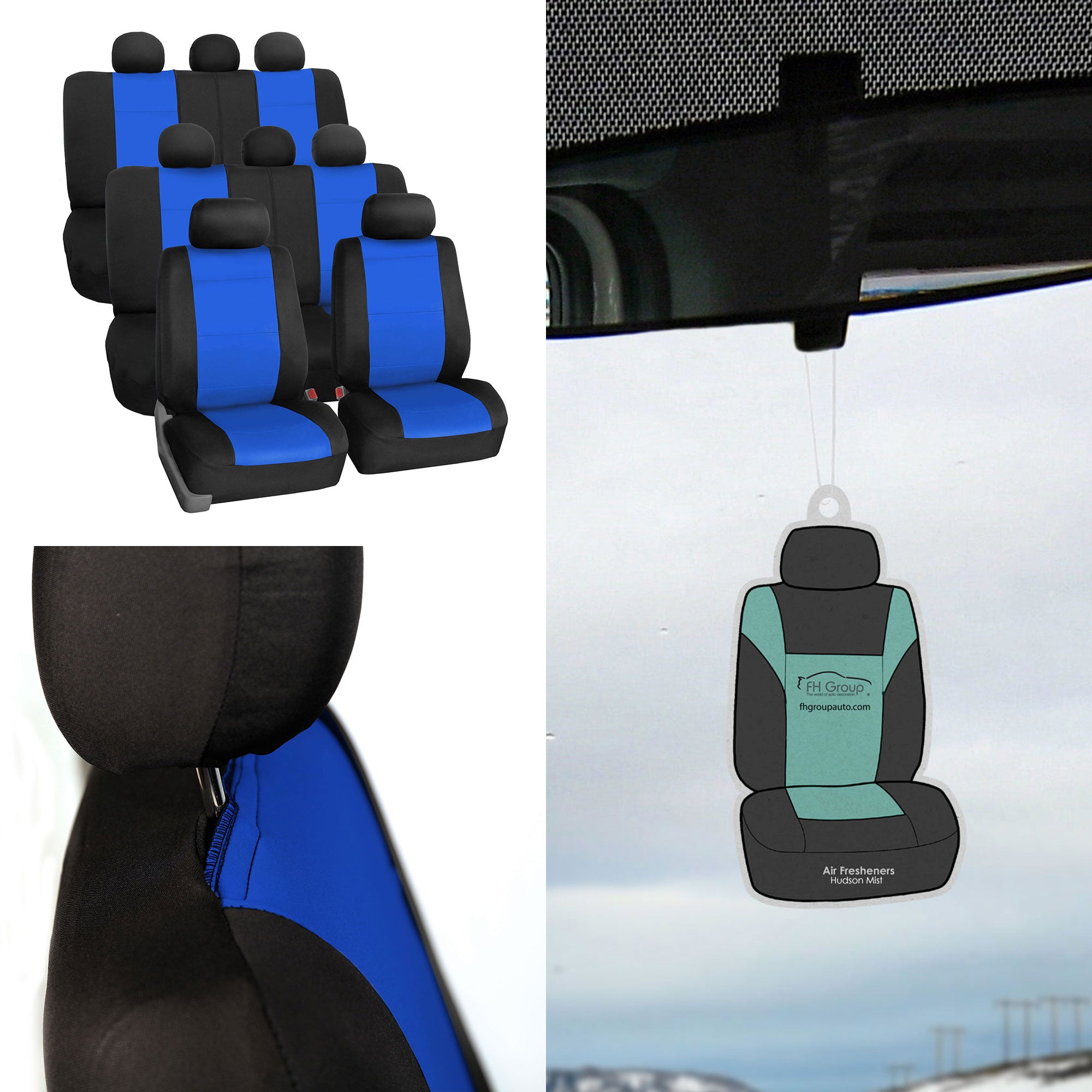 FH Group Neoprene 3 Row Car Seat Covers For SUV， Airbag Ready Split Bench 8 Seater， Blue Black with Free Air Freshener