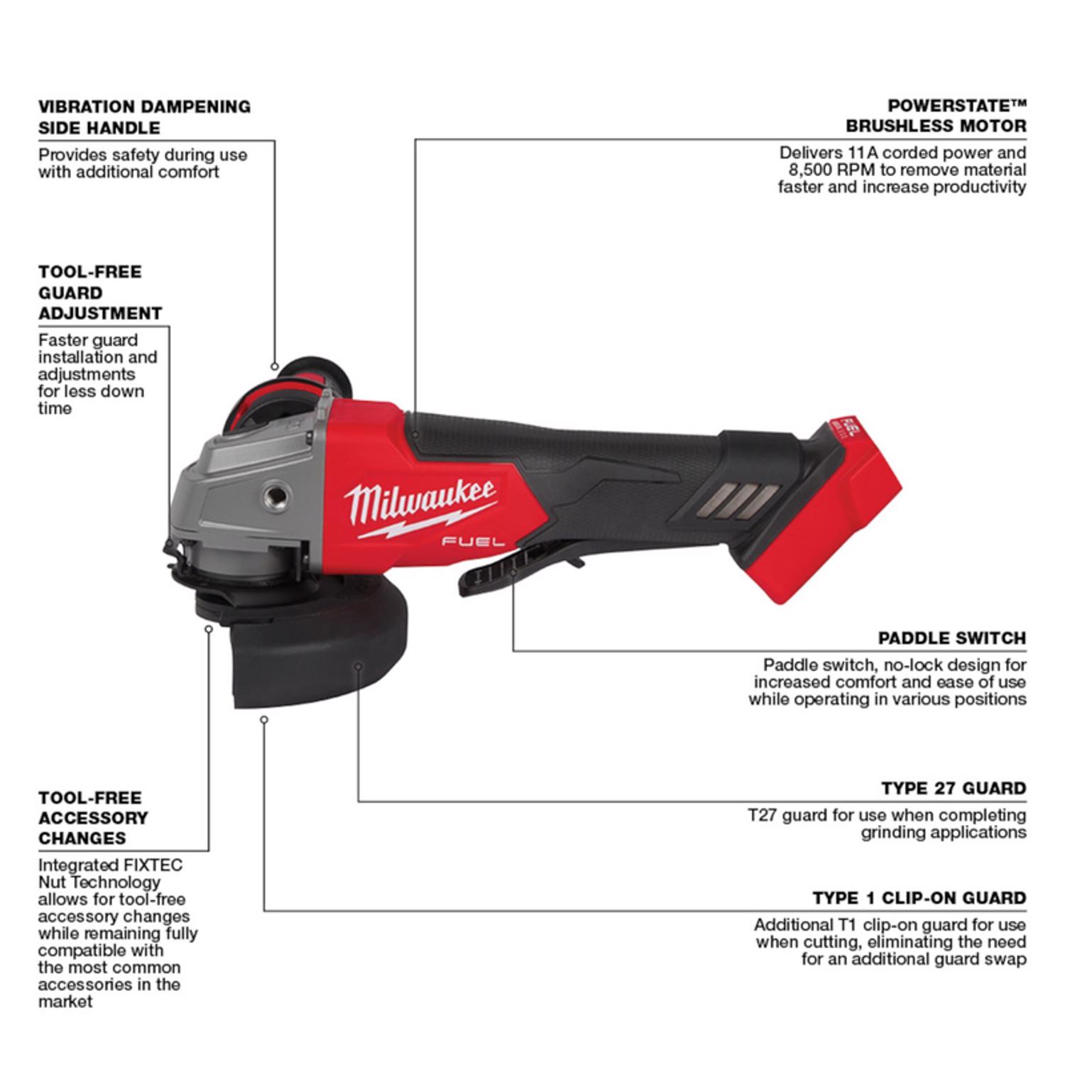 MW M18 FUEL 18 V 11 amps Cordless 4-1/2 to 5 in. Grinder Tool Only