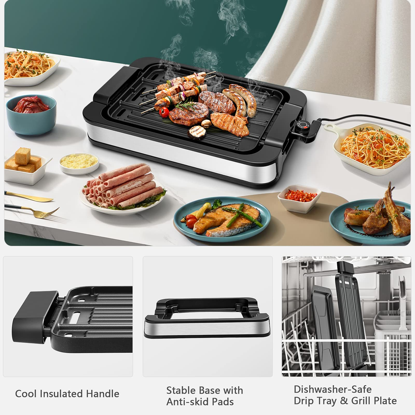 Costzon Indoor Smokeless Grill, 1500W Electric BBQ Griddle Contact Grilling with Removable Drip Tray