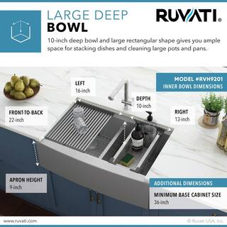 Ruvati Apron-Front Stainless Steel 33 in. 16-Gauge Workstation Double Bowl 60-40 Farmhouse Kitchen Sink RVH9201