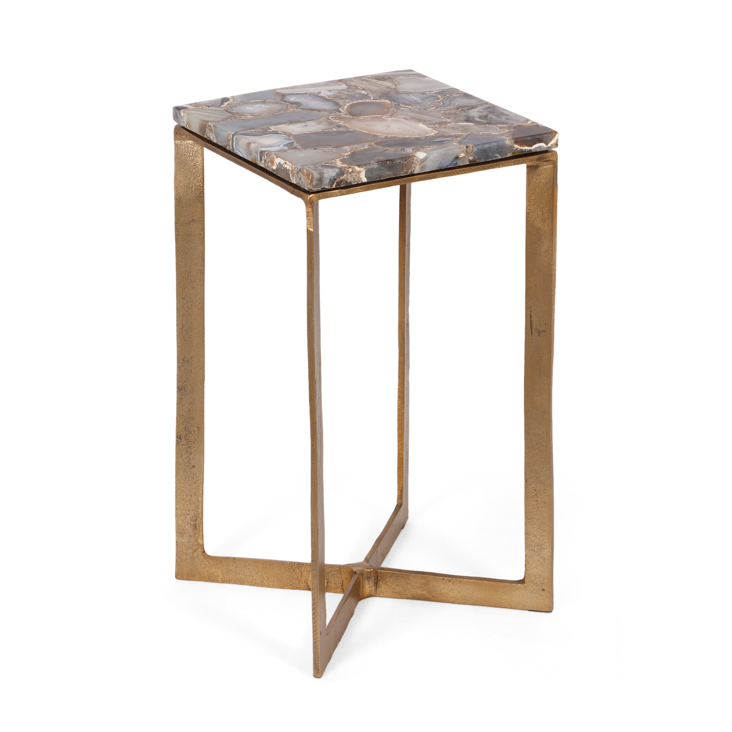 Bridger Boho Glam Handcrafted Aluminum Side Table with Agate Marble Top, Natural and Raw Brass