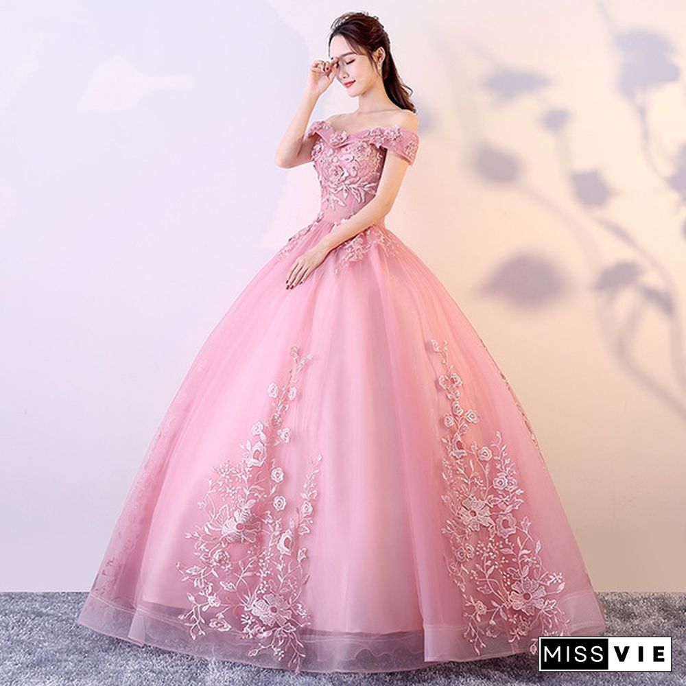 Off Shoulder Blush Pink Appliques Ball Gown Vintage Quinceanera Dresses Lace Up Formal Prom Gowns Pink Tulle Dresses